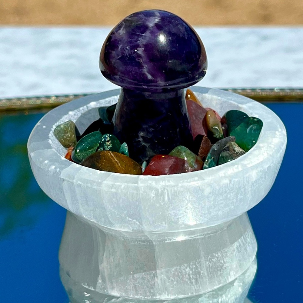 Amethyst Mushroom in Footed Selenite Stand / Dish, Ocean Jasper Chips